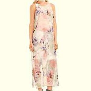 Vince Camuto Floral Maxi Dress Sheer Overlay Split Hem Pink Multi Size M